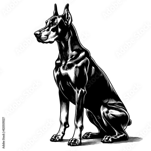Hand drawn illustration of fierce doberman dog, vector sketch isolated on transparent background.