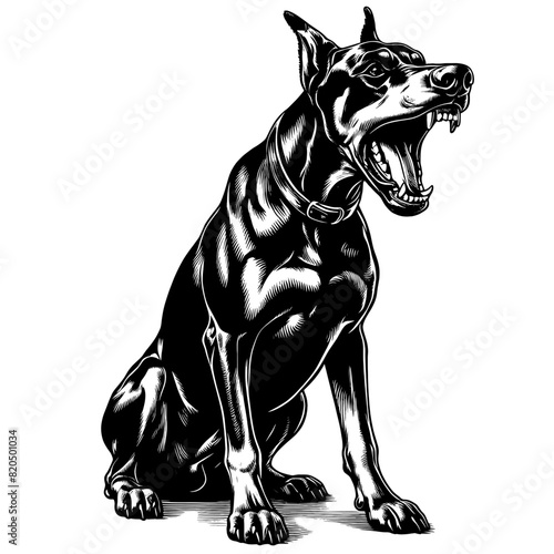 Hand drawn illustration of fierce doberman dog, vector sketch isolated on transparent background.