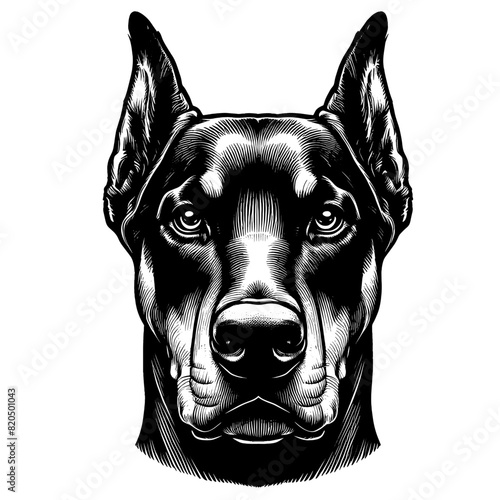 Hand drawn illustration of fierce doberman dog, vector sketch isolated on transparent background.