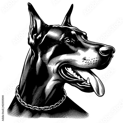 Hand drawn illustration of fierce doberman dog, vector sketch isolated on transparent background.
