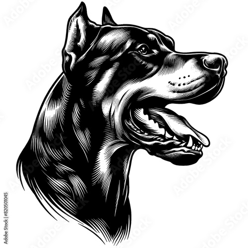 Hand drawn illustration of fierce doberman dog, vector sketch isolated on transparent background.