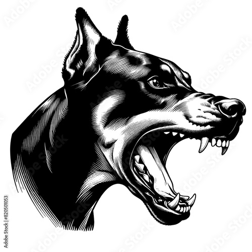 Hand drawn illustration of fierce doberman dog, vector sketch isolated on transparent background.