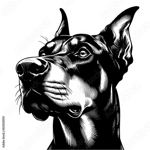 Hand drawn illustration of fierce doberman dog, vector sketch isolated on transparent background.