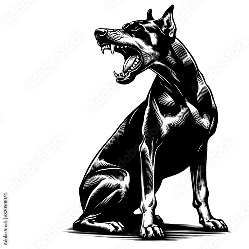 Hand drawn illustration of fierce doberman dog, vector sketch isolated on transparent background.