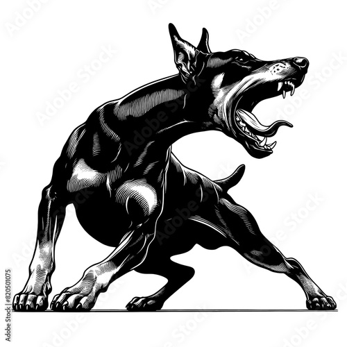 Hand drawn illustration of fierce doberman dog, vector sketch isolated on transparent background.