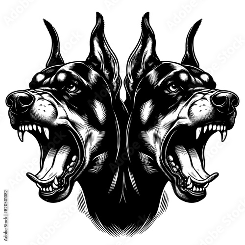 Hand drawn illustration of fierce doberman dog, vector sketch isolated on transparent background.