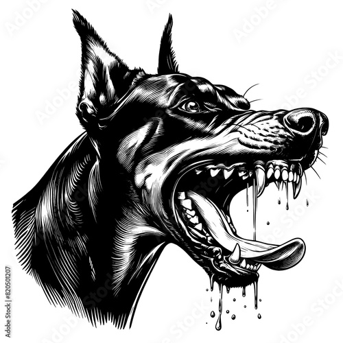 Hand drawn illustration of fierce doberman dog, vector sketch isolated on transparent background.