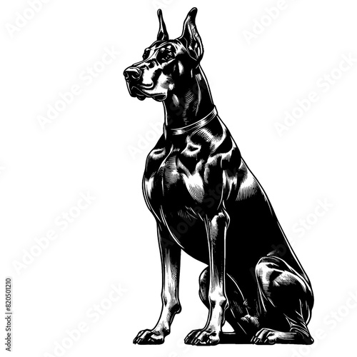 Hand drawn illustration of fierce doberman dog, vector sketch isolated on transparent background.