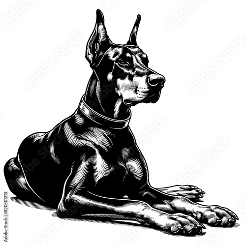 Hand drawn illustration of fierce doberman dog, vector sketch isolated on transparent background.