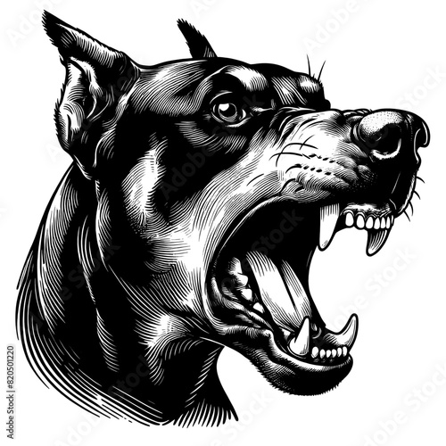 Hand drawn illustration of fierce doberman dog, vector sketch isolated on transparent background.