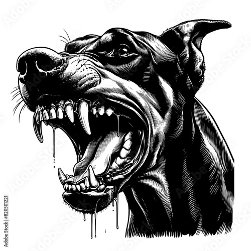Hand drawn illustration of fierce doberman dog, vector sketch isolated on transparent background.