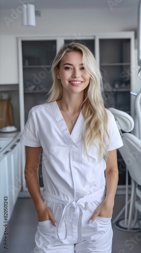 A woman in white scrubs standing in a dental office. Free Download A woman in white scrubs standing in a dental office. - GFXLoad