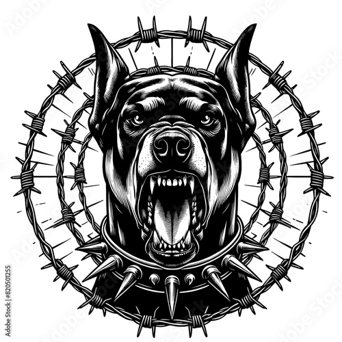 Hand drawn illustration of fierce doberman dog, vector sketch isolated on transparent background.