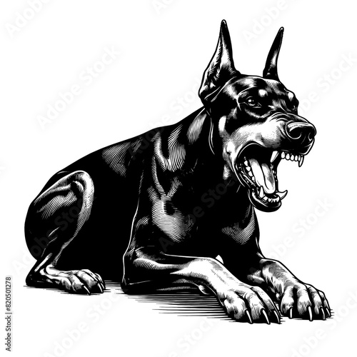 Hand drawn illustration of fierce doberman dog, vector sketch isolated on transparent background.