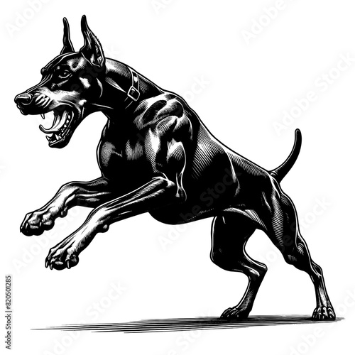 Hand drawn illustration of fierce doberman dog, vector sketch isolated on transparent background.