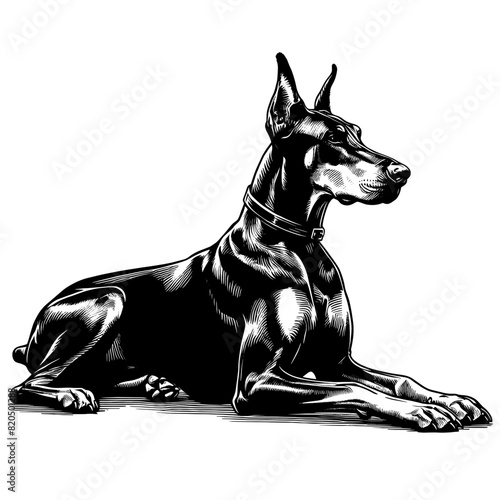 Hand drawn illustration of fierce doberman dog, vector sketch isolated on transparent background.