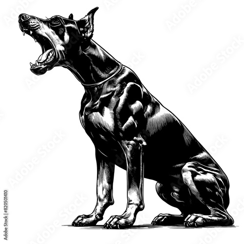 Hand drawn illustration of fierce doberman dog, vector sketch isolated on transparent background.