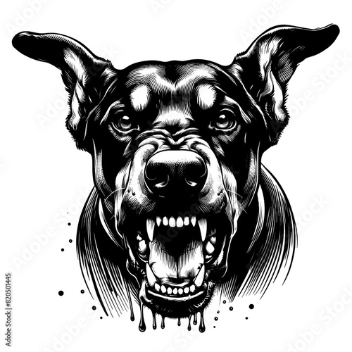 Hand drawn illustration of fierce doberman dog, vector sketch isolated on transparent background.