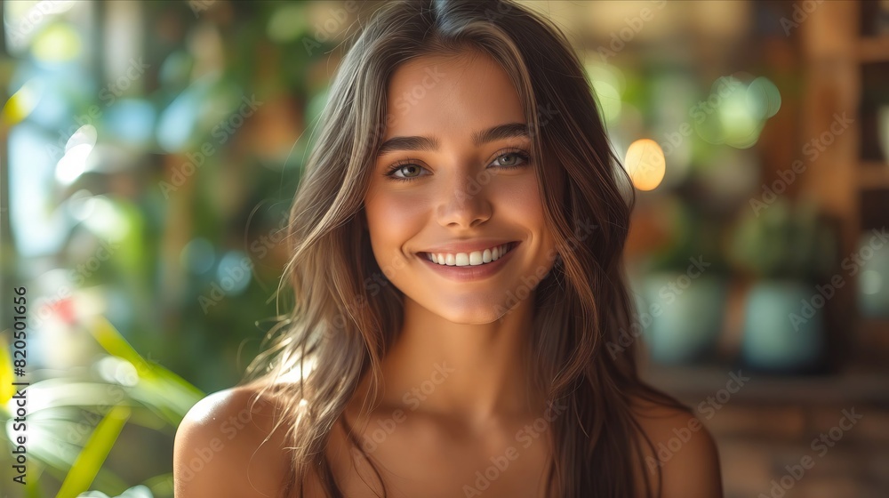 A beautiful woman smiling in front of a green plant. A beautiful woman smiling in front of a green plant.