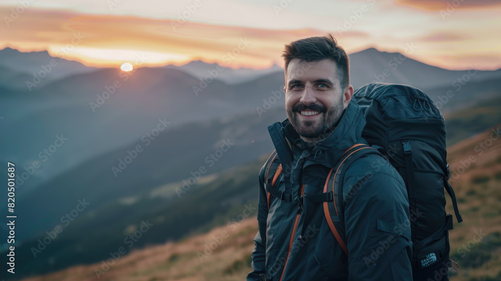 Cheerful man with a backpack standing against beautiful mountain landscape at sunrise Cheerful man with a backpack standing against beautiful mountain landscape at sunrise