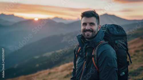 Cheerful man with a backpack standing against beautiful mountain landscape at sunrise