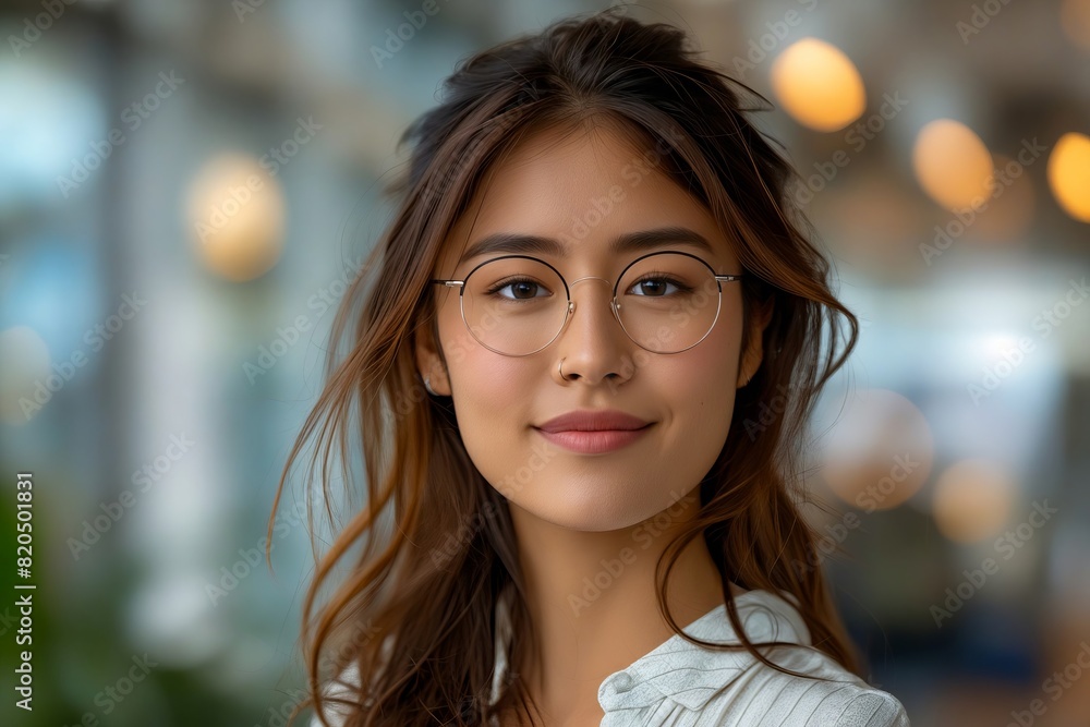 A woman with glasses looking at the camera. A woman with glasses looking at the camera.