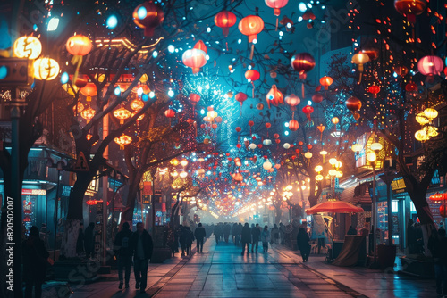 A busy city street with people walking and lights hanging from the trees photo