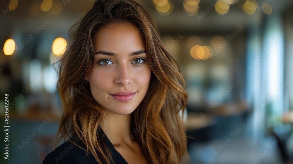 Obraz premium A beautiful woman with long brown hair looking at the camera.