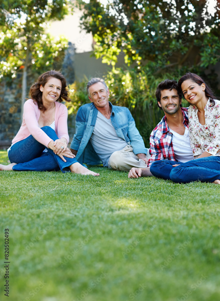 Happy family, portrait and relax with love on grass field for bonding, weekend or holiday together in backyard. Mother, father and couple chilling at park on summer break, date or gathering in nature Happy family, portrait and relax with love on grass field for bonding, weekend or holiday together in backyard. Mother, father and couple chilling at park on summer break, date or gathering in nature