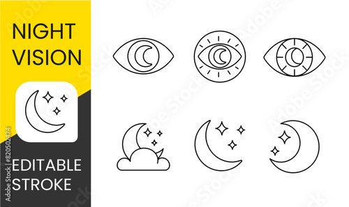 Night vision vector line icon set with editable stroke for placement on cctv camera system packaging