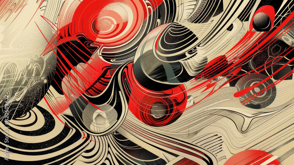 A colorful abstract painting with red, black, and white swirls and circles