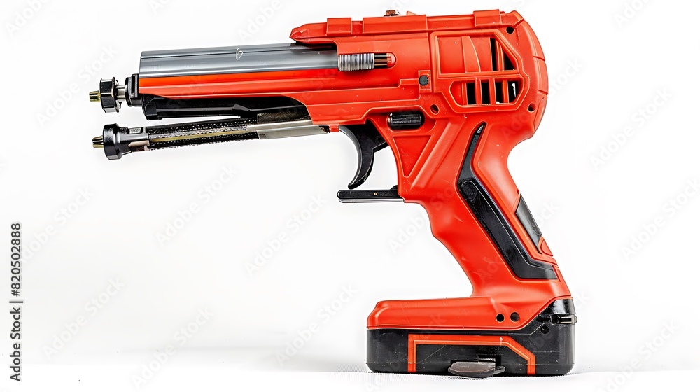 Compact nail gun displayed against a bright white backdrop, featuring pneumatic power for driving nails into wood and other materials quickly and efficiently.
