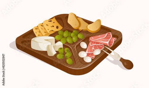 Colorful illustration of cheeses plate with other snacks. Different types of cheeses, hammon, bread, olives and grape in realistic style. Vector illustration. Wood cheese tray, cheese board photo