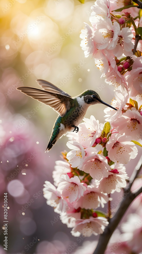 Fototapeta premium Cherry blossom with hummingbird on bokeh background