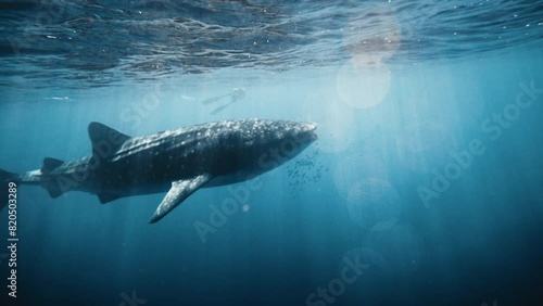 Pan to whale shark swimming at ocean surface underwater light sparkling in slow motion photo