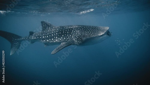 Whale shark opens mouth wide filter feeding and puffing up body, slow motion photo