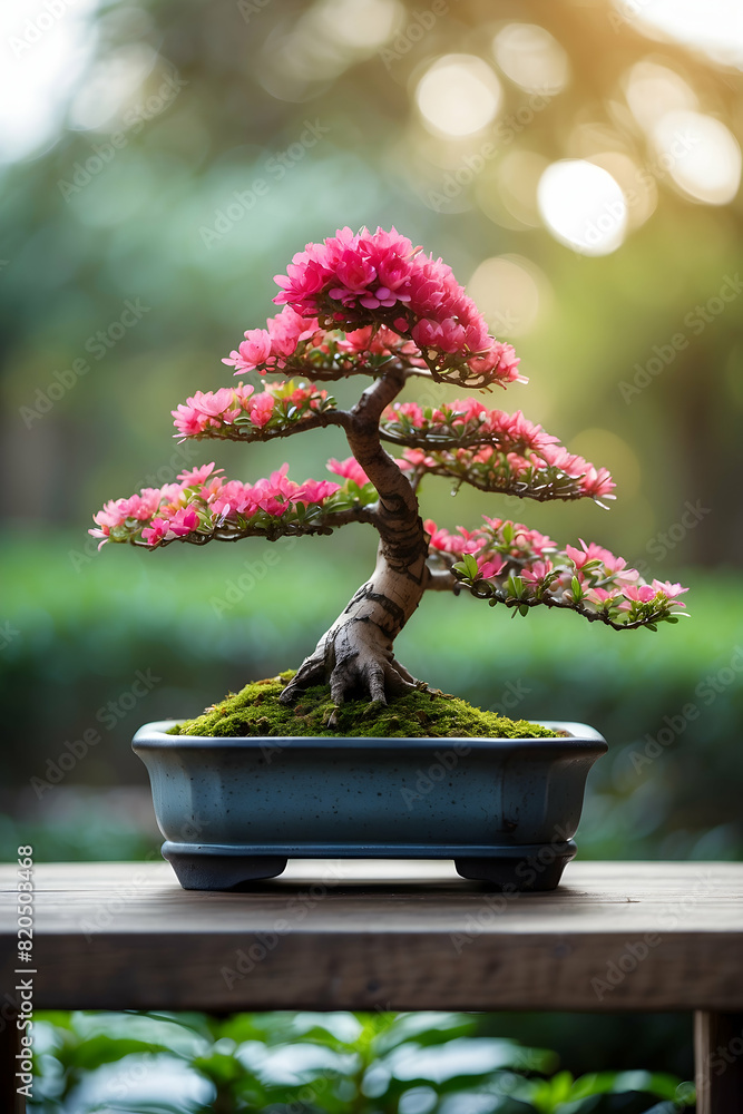 Cherry blossom bonsai tree in vase with lush green bokeh background Cherry blossom bonsai tree in vase with lush green bokeh background