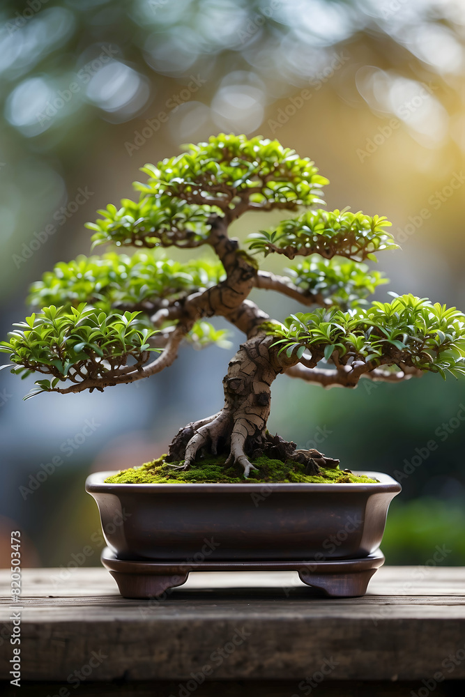 Bonsai tree in vase with lush green bokeh background Bonsai tree in vase with lush green bokeh background
