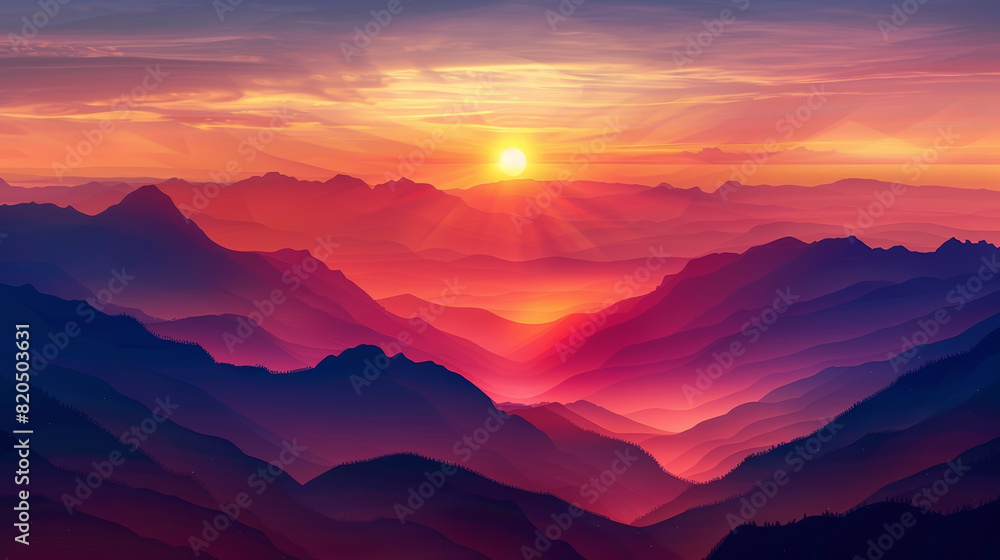 A mountain range with a fiery sunset in the background