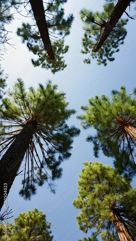 Obraz premium Bottom view of pine trees. Summer background theme for camping and hiking. Portrait background