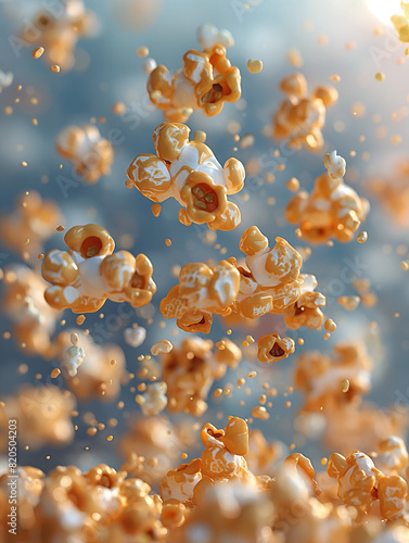Caramel popcorn , in the style of an outdoors product hero shot in motion