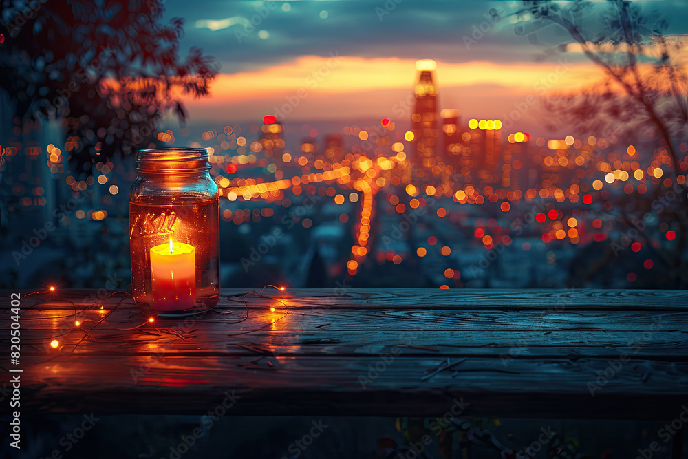 A candle on table, Beautiful city view. Created with Ai