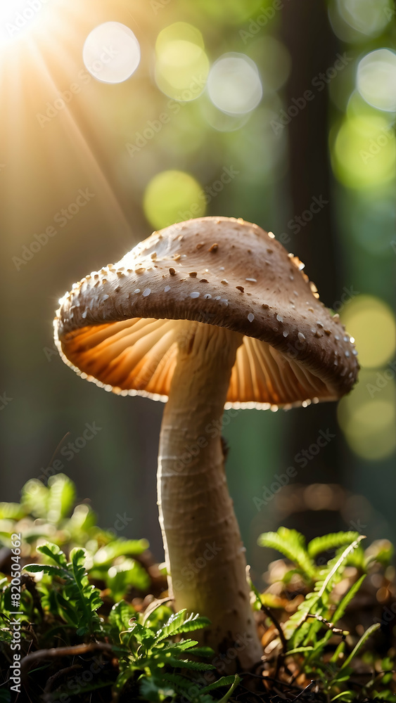 Fototapeta premium Beautiful close up of mushroom in forest, bokeh background