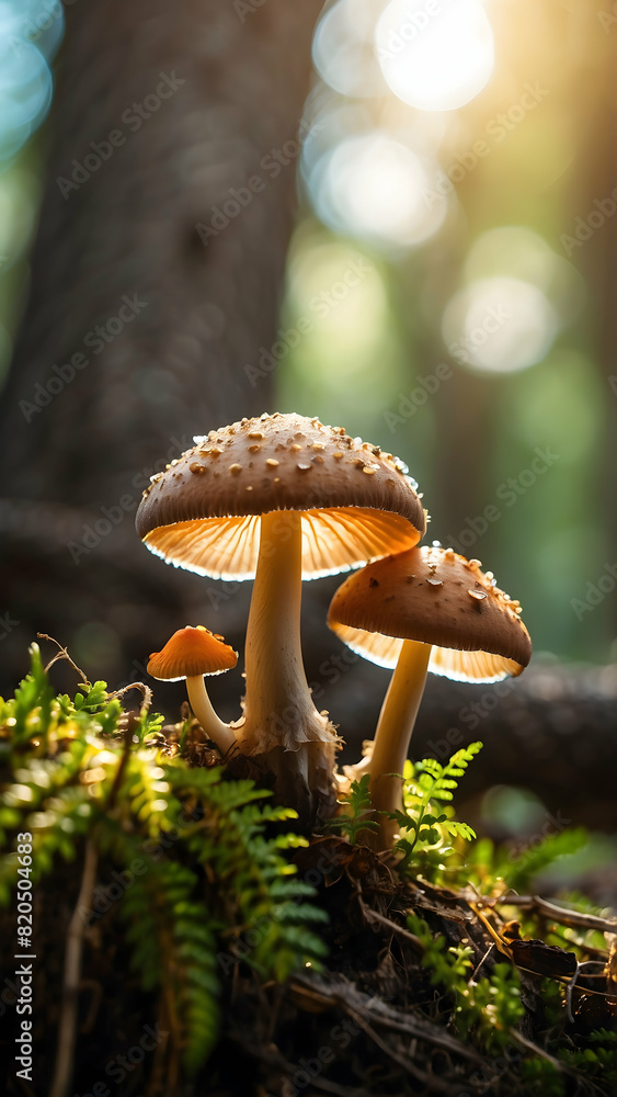Fototapeta premium Mushroom in the forest. Macro view of tiny mushroom