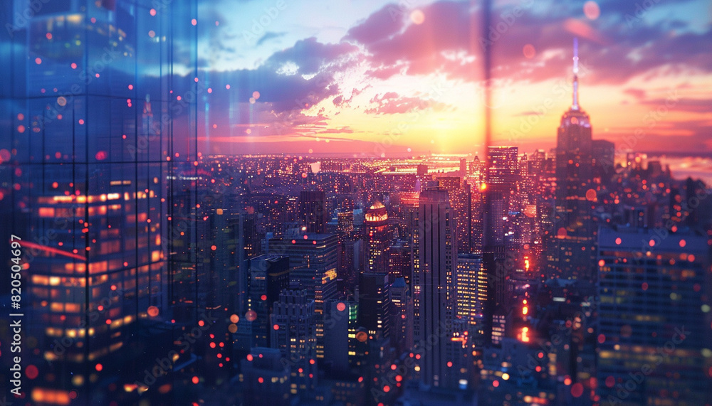 Fototapeta premium Capture the modern elegance of a skyscraper at dusk, selective focus, urban innovation, ethereal, overlay, city skyline backdrop