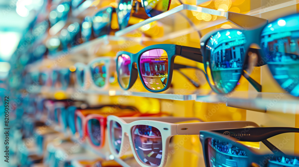 Closeup of glasses and sunglasses on display rack