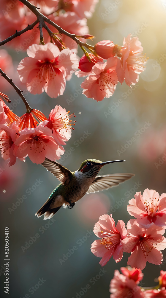 miracle art with beautiful hummingbird flying near pink flower against green background with sunlight bokeh miracle art with beautiful hummingbird flying near pink flower against green background with sunlight bokeh