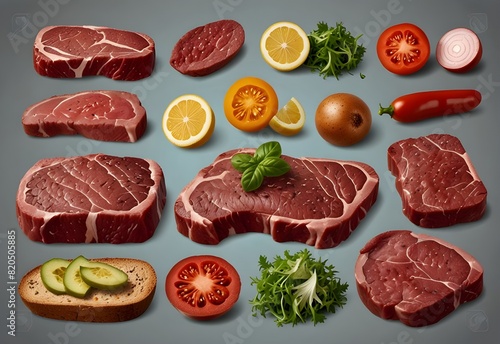 Collection of PNG. Falling steak salad ingredients, sliced beefsteak, food packaging concept isolated on a transparent background.