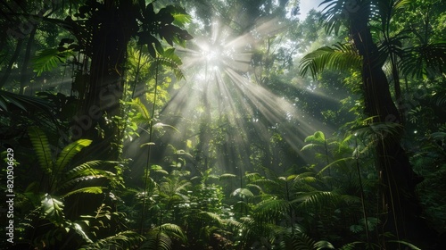 Sunlight filtering through a dense forest canopy, creating a mesmerizing play of light and shadow on the forest floor.