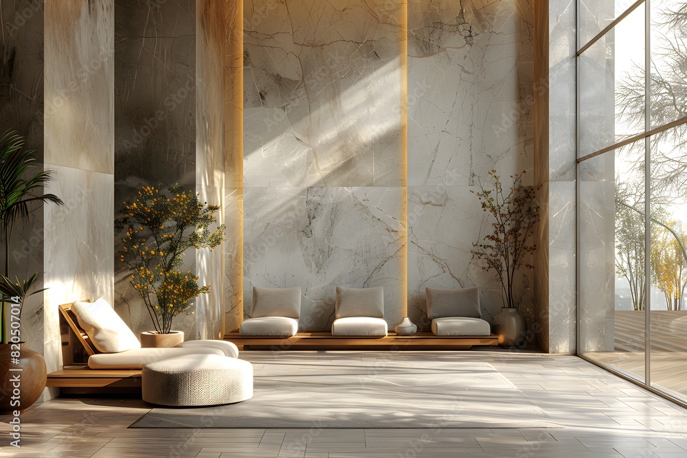 Modern living room interior with large windows, a wall of natural stone and marble tiles. A minimalist room for meditation or yoga in an industrial style, decorated with wooden furniture Modern living room interior with large windows, a wall of natural stone and marble tiles. A minimalist room for meditation or yoga in an industrial style, decorated with wooden furniture